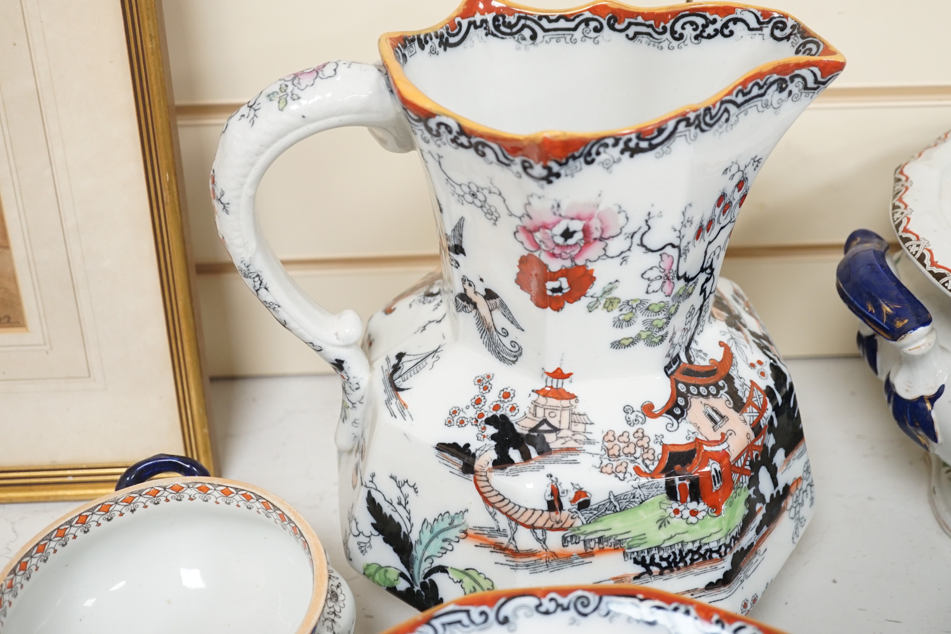 Victorian Masons Ironstone landscape pattern items to include a cheese dish, two chamber pots, Are you are and basin and other various roles or dishes